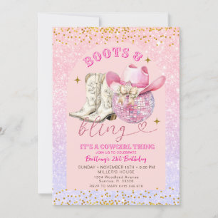 Rosa Glitter och Guld Boots och Bling Birthday Inbjudningar