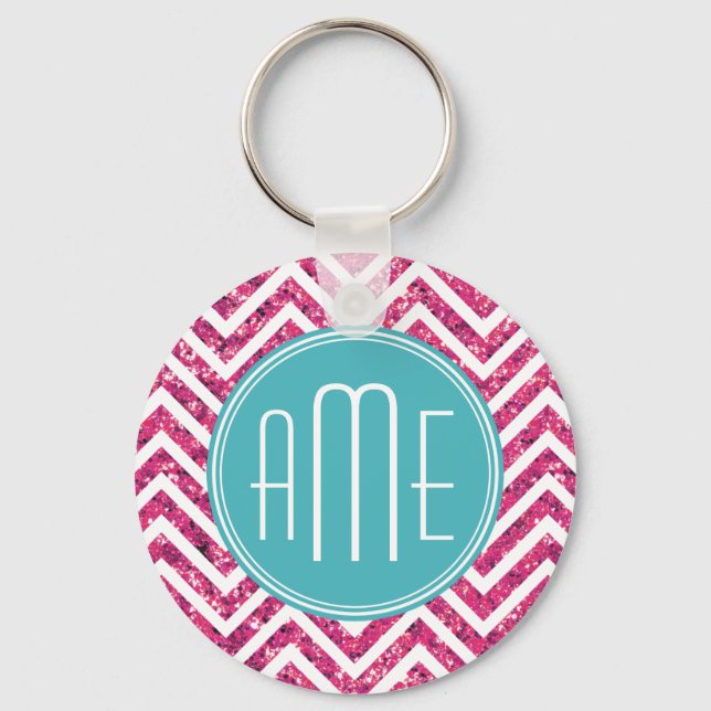 Rosa glitter och mint anpassad monogram nyckelring (Framsida)