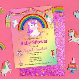 Rosa Glitter och Rainbow Unicorn Baby Shower Inbjudningar