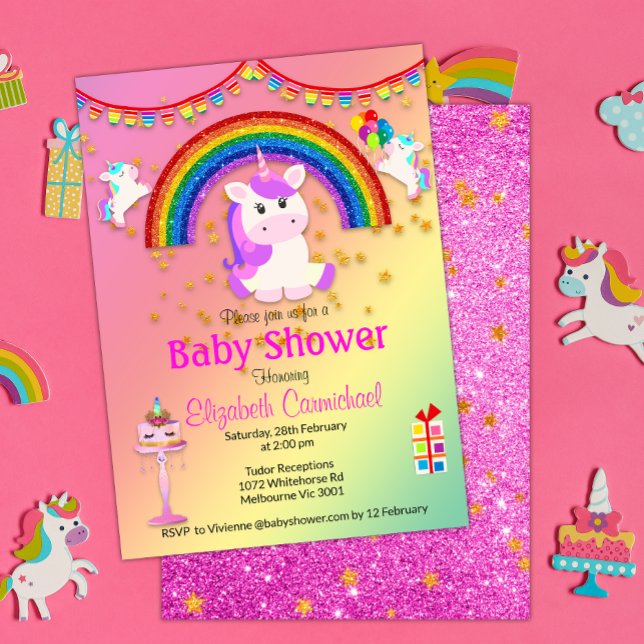 Rosa Glitter och Rainbow Unicorn Baby Shower Inbjudningar (Skapare uppladdad)
