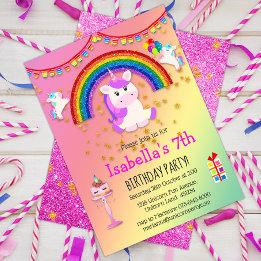 Rosa Glitter och Rainbow Unicorn Birthday Inbjudningar