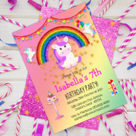 Rosa Glitter och Rainbow Unicorn Birthday Inbjudningar