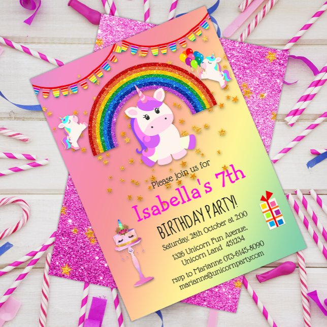 Rosa Glitter och Rainbow Unicorn Birthday Inbjudningar (Skapare uppladdad)