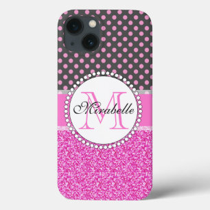 Rosa Glitter och Rosa Polka dots på grått med namn