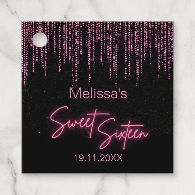 Rosa Glitter och Svartvit 16 födelsedagar Gåvor Etiketter (Framsida)