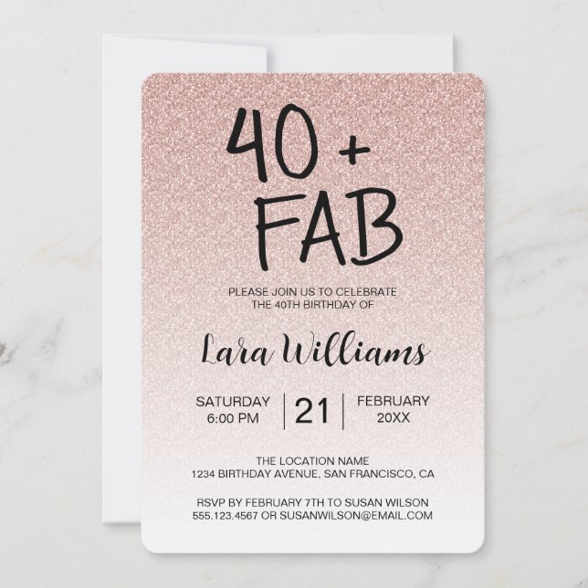Rosa Glitter Ombre 40 Fabulous 40 Birthday Inbjudningar (Framsida)