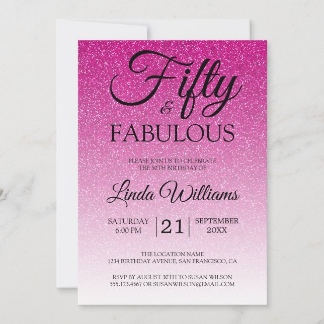 Rosa Glitter Ombre 50 och FABULOUS 50:e födelsedag Inbjudningar (Framsida)