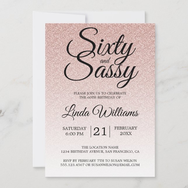 Rosa Glitter Ombre 60 och Sassy 60:e födelsedagen Inbjudningar (Framsida)