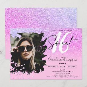 Rosa glitter ombre blommigt lila foto Sweet 16 Inbjudningar