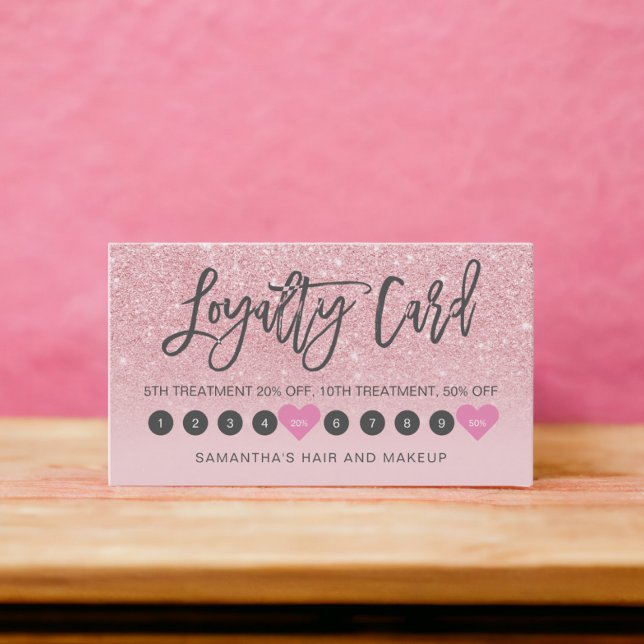 Rosa glitter ombre-manusmakeup gieup gigly 10 lojalitetskort (Pink glitter ombre script makeup girly 10 loyalty card)