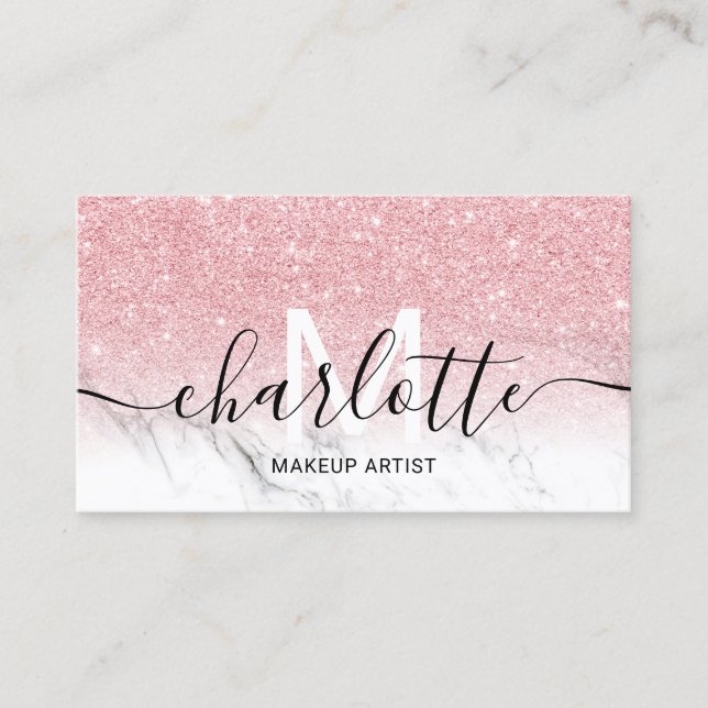 Rosa glitter ombre marble namn makeup logotyp visitkort (Framsida)