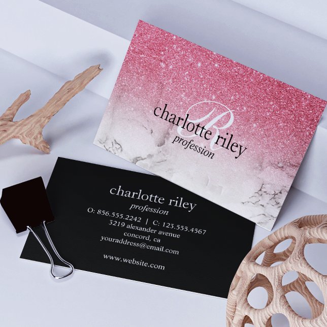 Rosa Glitter Ombre Monogram Marble Salon Makeup Visitkort (Skapare uppladdad)