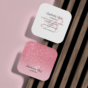 Rosa Glitter Ombre Monogrammed Salon Makeup Nagel Fyrkantigt Visitkort