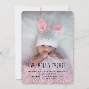 Rosa Glitter Ombre Photo Birth Notice Inbjudningar