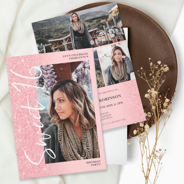Rosa glitter ombre-skript 4 foton Sweet 16 Inbjudningar (Skapare uppladdad)