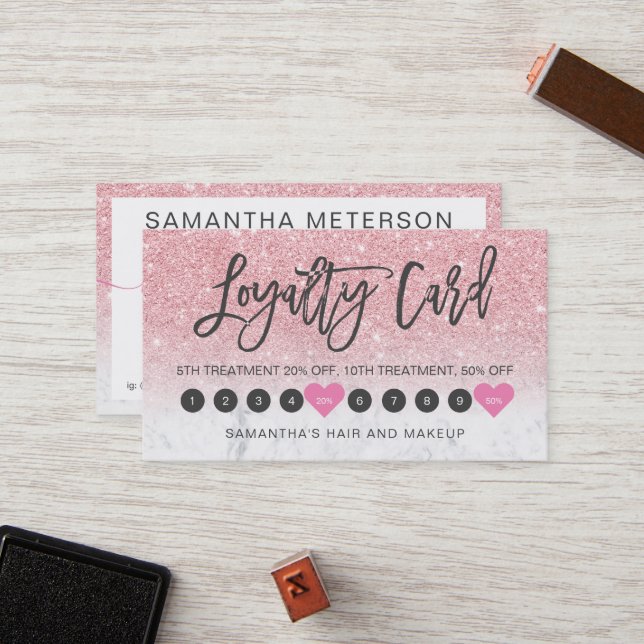 Rosa glitter ombre-skript makeup marble 10 lojalitetskort (Fram/Back In Situ)