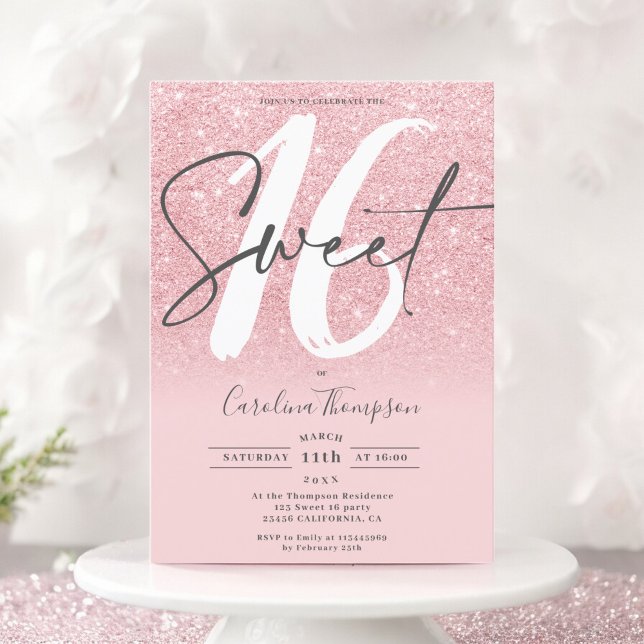 Rosa glitter ombre-typsnitt  foto Sweet 16 Inbjudningar (Pink glitter ombre font blush photo Sweet 16 Invitation)