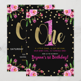 Rosa glitter ONE svart blomstermönster 1-års födel Inbjudningar