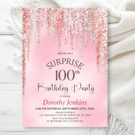 Rosa Glitter Överraskning 100-års Födelsedagsfest Inbjudningar