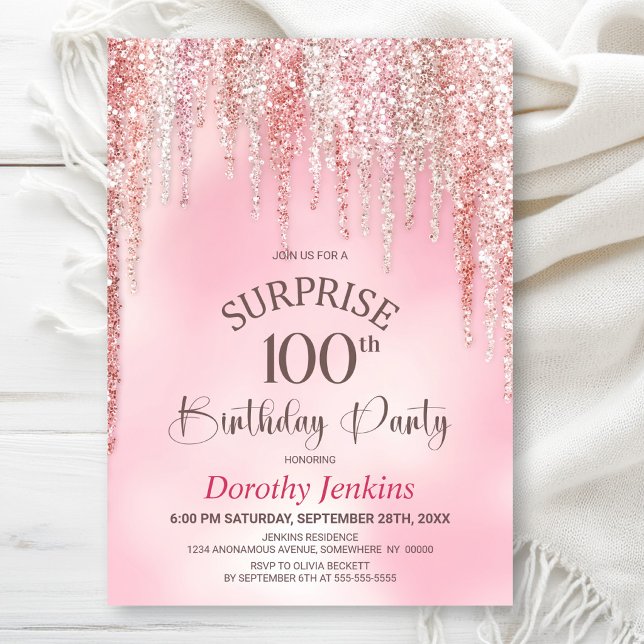 Rosa Glitter Överraskning 100-års Födelsedagsfest Inbjudningar (Skapare uppladdad)