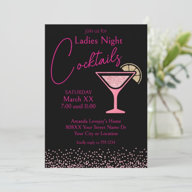 Rosa glitter på svart damernas cocktailparty inbjudningar (Stående Fram)