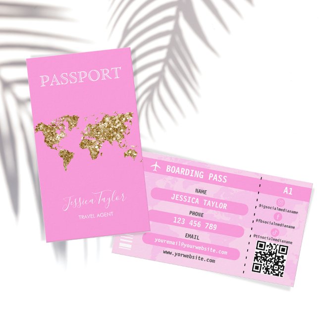 Rosa Glitter-passet World Map Boarding Pass Visitkort (Skapare uppladdad)