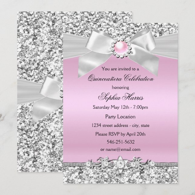  Rosa Glitter Pearl Bow Quinceanera Birthday Inbjudningar (Fram/baksida)