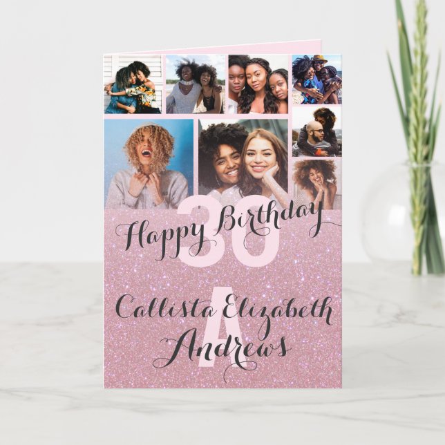 Rosa Glitter Photo Collage Grattis på födelsedagen Kort (Framsida)
