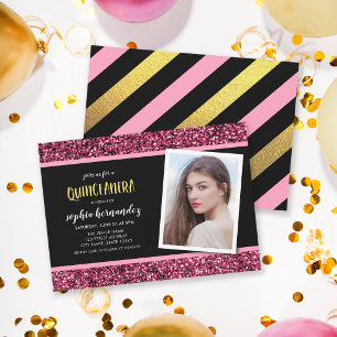 Rosa Glitter Photo Quinceanera-inbjudan Inbjudningar