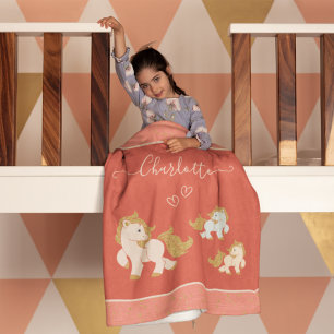 Rosa Glitter Ponies med First Namn Little Girl Fleecefilt