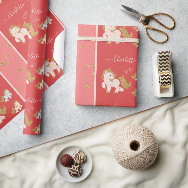 Rosa Glitter Ponies med First Namn Little Girl Presentpapper (Hantverk)