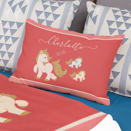 Rosa Glitter Ponies med First Namn Little Girl Prydnadskudde