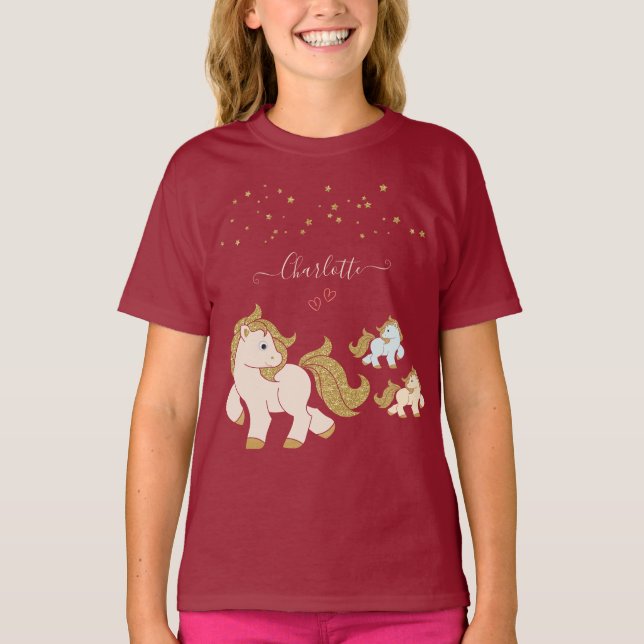 Rosa Glitter Ponies med First Namn Little Girl T Shirt (Framsida)
