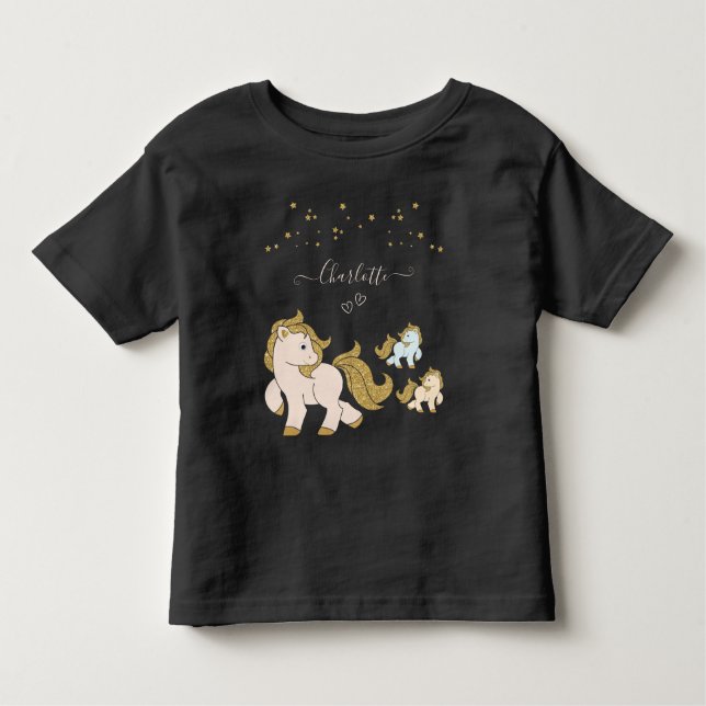 Rosa Glitter Ponies med First Namn Little Girl T Shirt (Framsida)
