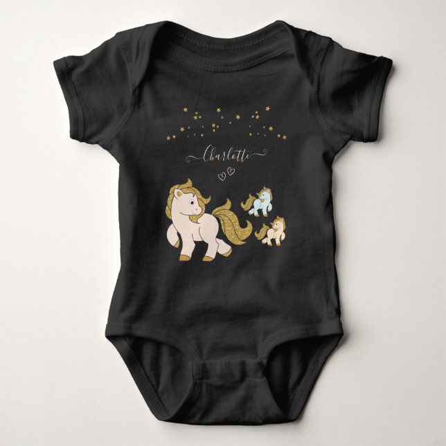 Rosa Glitter Ponies med Guld Stars första Namn T Shirt (Framsida)