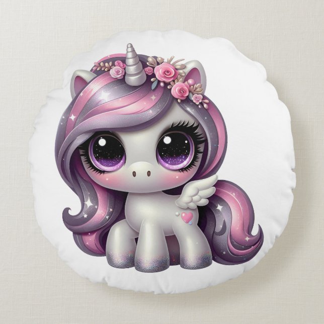 Rosa glitter pony Unicorn Rund Kudde (Framsidan)