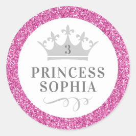 Rosa Glitter Princess Birthday Favor Sticker Label Runt Klistermärke
