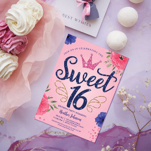 Rosa Glitter Princess Krona Sweet 16 Birthday Inbjudningar