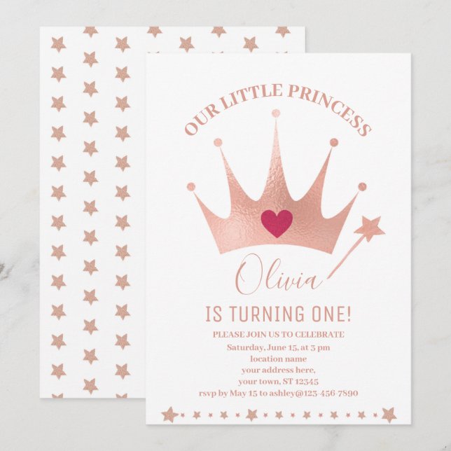 Rosa Glitter Princess Krona Watercolor Birthday Inbjudningar (Fram/baksida)