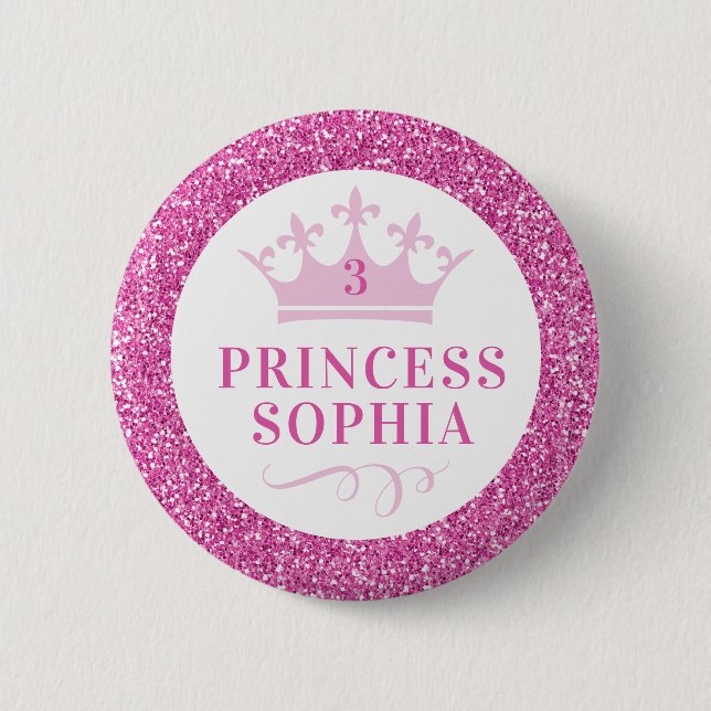 Rosa Glitter Princess Personlig Birthday Knapp (Framsida)
