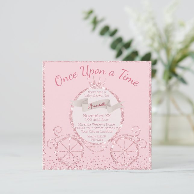Rosa glitter prinsessvagn saga baby shower inbjudningar (Stående Fram)