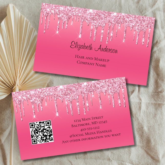 Rosa Glitter QR kod Hair Salon Nagel Visitkort (Pink Dripping Glitter Glam Bling Hair Skin Nails Salon Business Card for her Women owned Business)