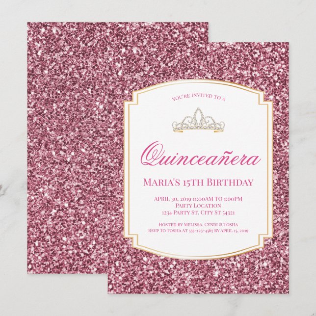 Rosa Glitter Quinceañera-inbjudan Inbjudningar (Fram/baksida)