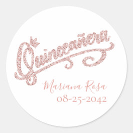 Rosa Glitter Quinceanera Krona Sticker Runt Klistermärke