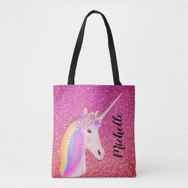 Rosa Glitter Rainbow Unicorn Personlig Girls Tygkasse (Framsida)