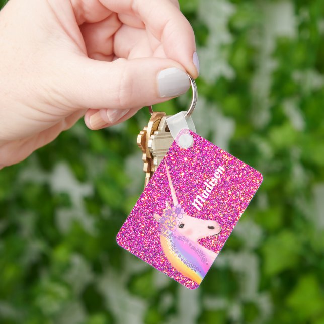 Rosa Glitter Rainbow Unicorn Personlig Nyckelring (Hand)