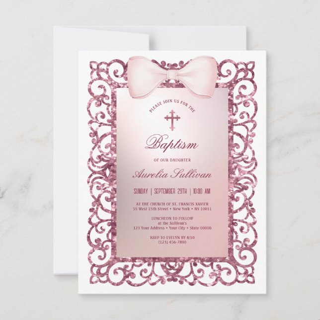 Rosa Glitter Ram Bow Baptism Inbjudningar (Framsida)
