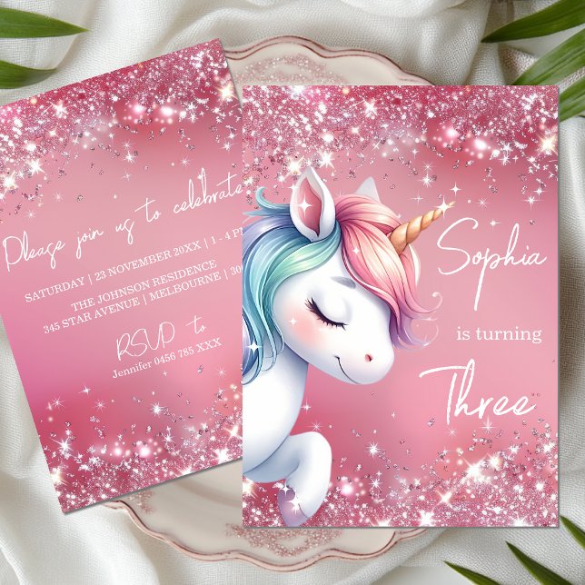 Rosa Glitter Regnbåge Enhörning Födelsedag Inbjudningar (Skapare uppladdad)