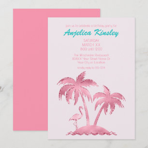 Rosa Glitter Retro Flamingo och Handflatan Träd Inbjudningar