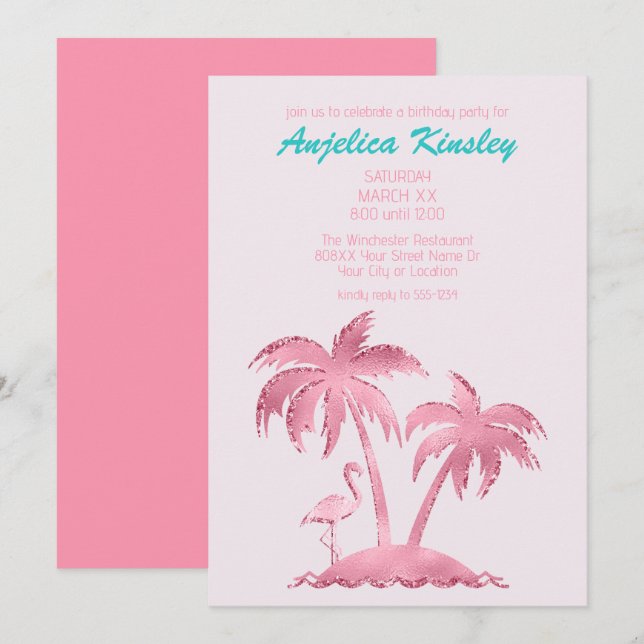 Rosa Glitter Retro Flamingo och Palmer Inbjudningar (Fram/baksida)
